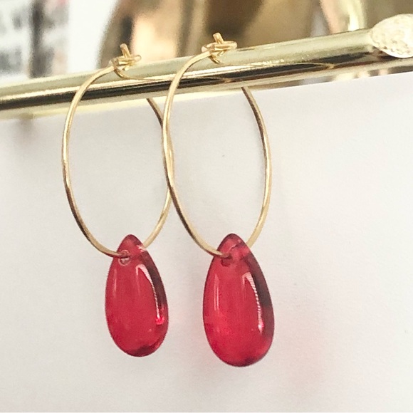 New Bright Red Pomegranate Seed Blood Drop Drip Unique Handmade Hoop Earrings - Picture 9 of 9